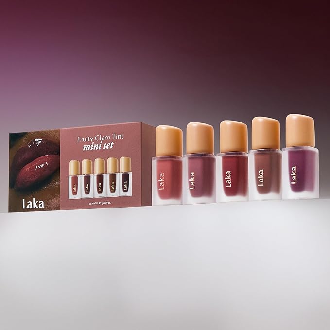 Laka Fruity Glam Tint Mini Set, 5pc Lip Tint Gift Set for Women, Hydrating & Glowy Finish, Lightweight & Transfer-proof Stain, Perfect Holiday Stocking Stuffers, K-Beauty