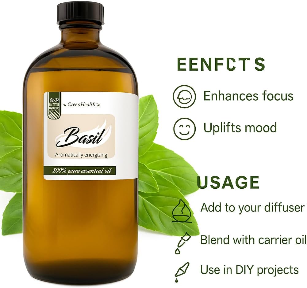Basil Essential Oil ā 16 fl oz (473 ml) Amber Glass Bottle ā 100% Pure, Undiluted, Therapeutic Grade ā Fresh, Herbaceous Aroma ā GreenHealth