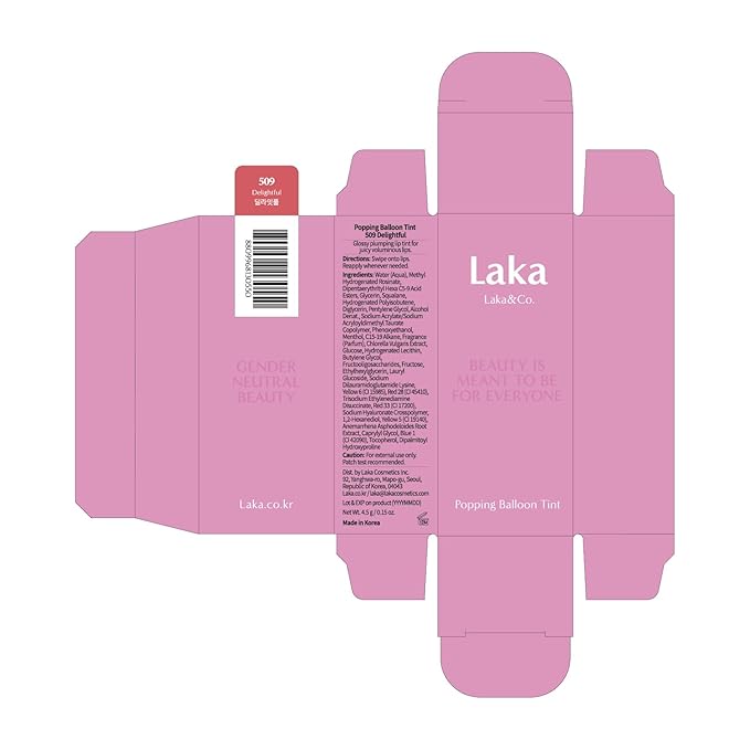 Laka Popping Balloon Lip Stain, 4.5g/0.15oz, Glossy Plumping Lip Tint, Moisturizing, Non-Sticky Texture for All-Day Hydration, Vegan, K-Beauty (#509 Delightful)