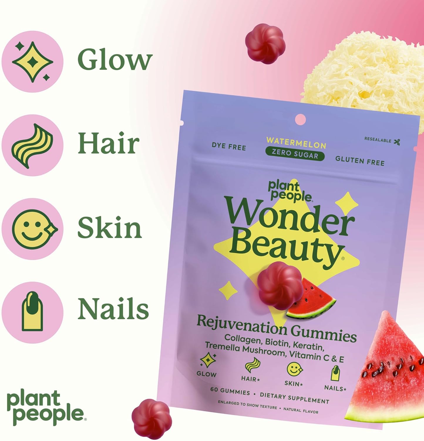 Plant People WonderBeauty Hair, Skin & Nails Rejuvenation Gummies with Tremella Mushroom, Marine Collagen Peptides, Keratin, & Biotin – Watermelon Flavor, 60 Gummies