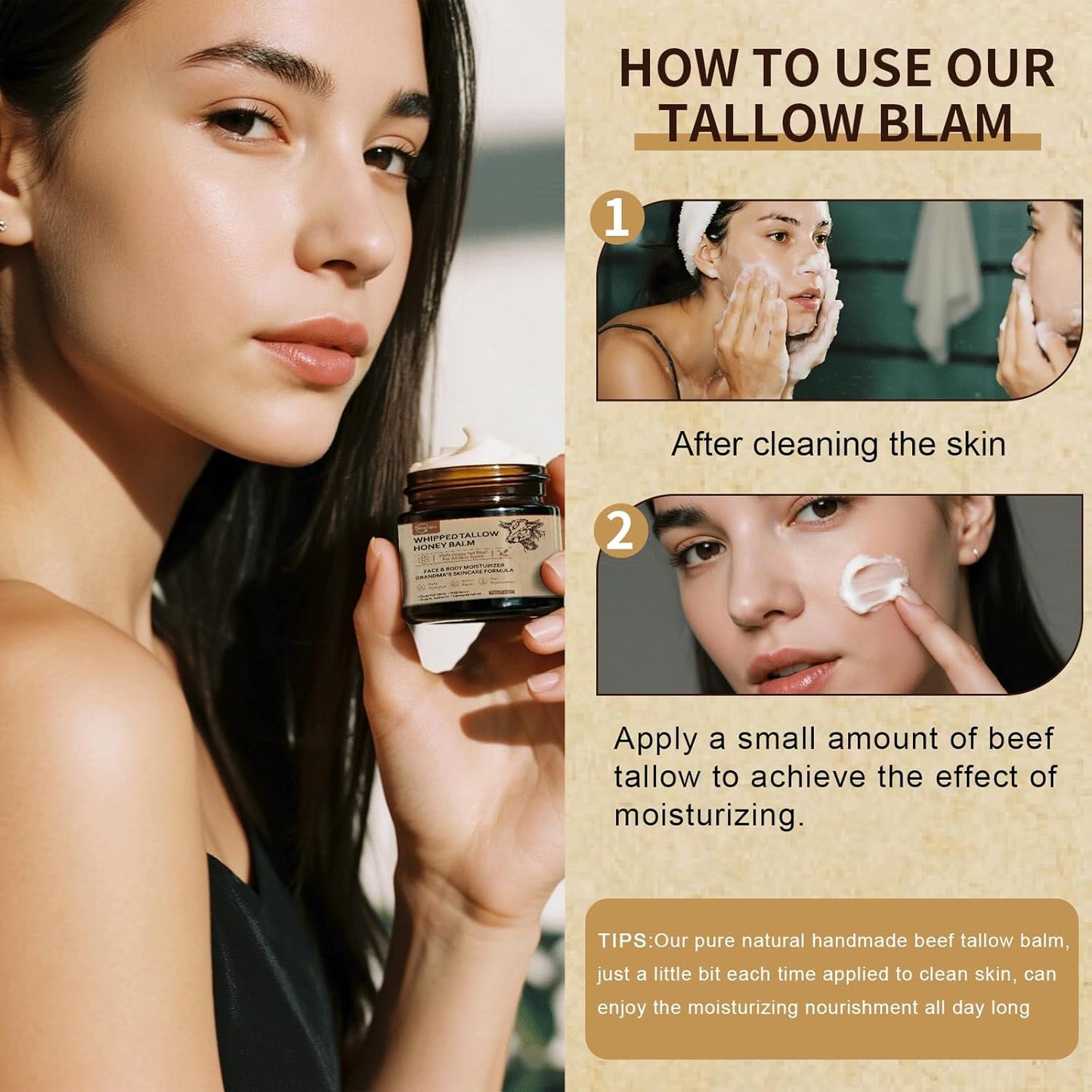 Beef Tallow for Skin, Beef Tallow Honey Balm-100% Organic Grass-Fed-handmade Whipped-Face & Body Moisturizer cream,with Manuka Wild Honey, Natural Skin Care for Sensitive, Dry Skin, Body Lotion. 2oz