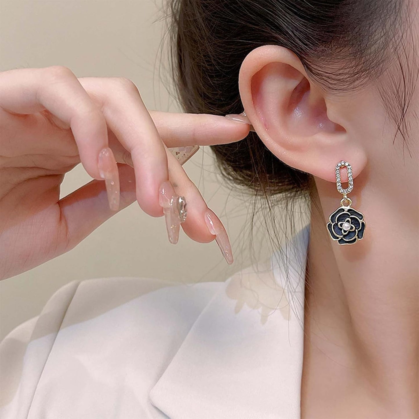 Vintage Black Crystal Flower Drop Earrings Black Flower Earrings Pearl Camellia Earrings Black Camellia Stud Earrings Jewelry for Women