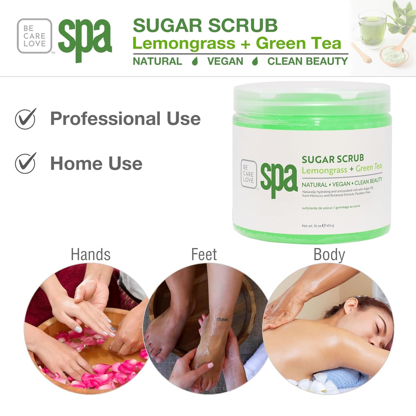Be Care Love Spa Sugar Scrub Lemongrass + Green Tea to moisturize, detoxify and purify skin for acne-prone, oily, or damaged skin.16 oz