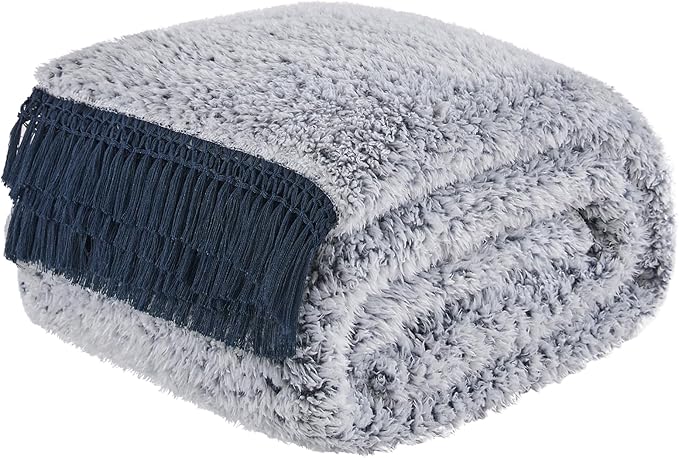 EMME Soft Sherpa Fleece Blanket with Tassel, Reversible Plush Fluffy Large Blanket, Light Weight Warm Decorative Boho Blanket Cover for Sofa, Couch, Bedroom,Travel(Tassel Navy,50"x60")