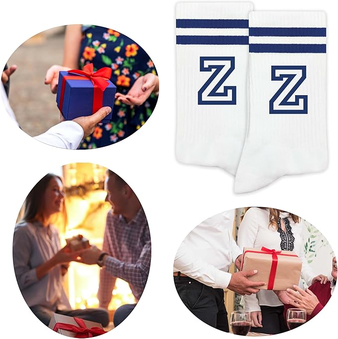 Striped Initial Socks with the Letter in Navy Blue, Socks for Adult, Teens, Men&Women Socks, Gifts for Friends, Family, etc.