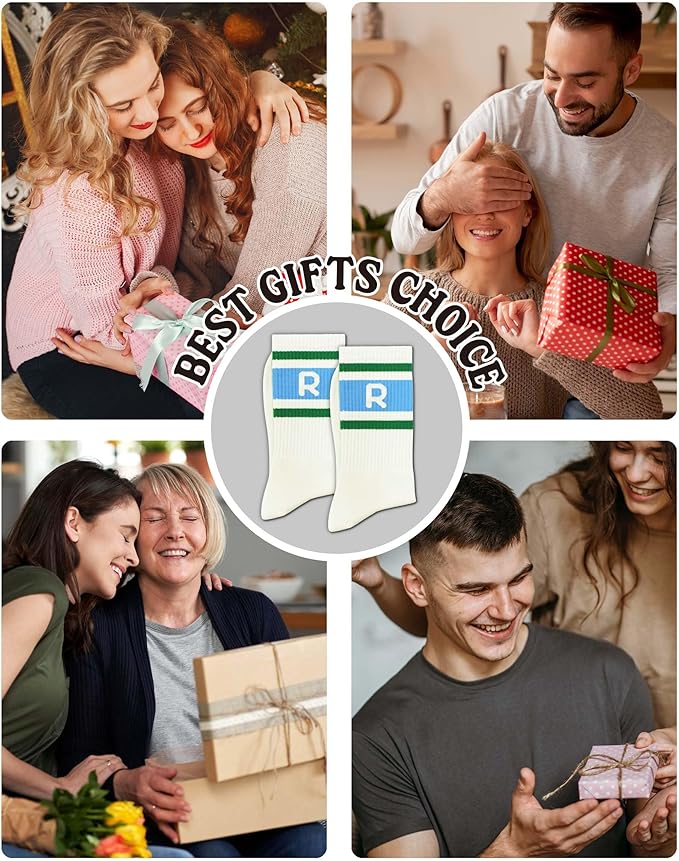 Blue and Off-white Retro Striped Crew Socks with The Letter, Classic Initial Sporty Monogram Socks.