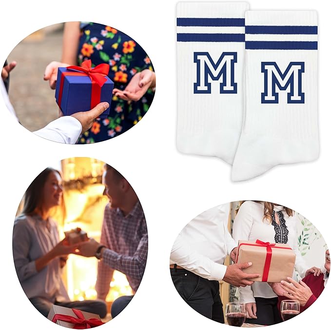 Striped Initial Socks with the Letter in Navy Blue, Socks for Adult, Teens, Men&Women Socks, Gifts for Friends, Family, etc.