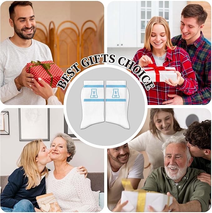 Light Blue and White Striped Crew Socks with the Letter, Classic Varsity Sports Style Monogram Socks