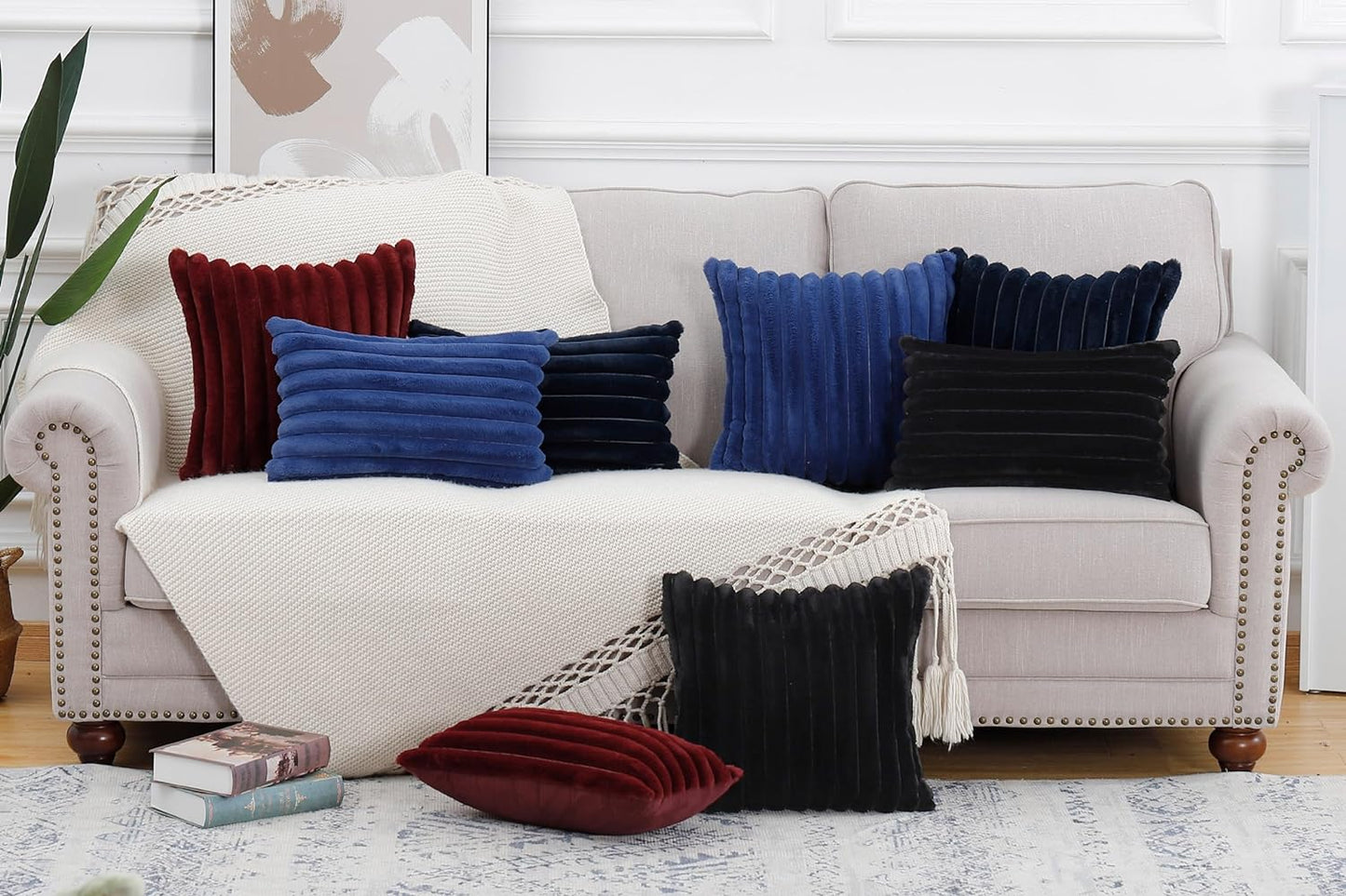 MADIZZ Set of 2 Faux Wool Plush Decorative Throw Pillow Covers 18x18 Inch Black Fluffy Striped Soft Decorative Cushion Cover for Sofa Bedroom Pillow Shell