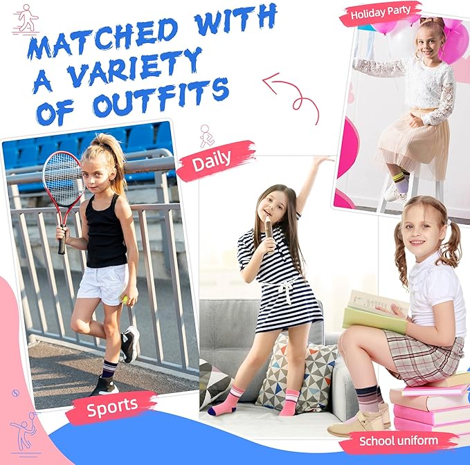 Kids Girls Socks Athletic Sport Breathable Soft Cotton Youth Girsl Crew Socks 6 Pairs