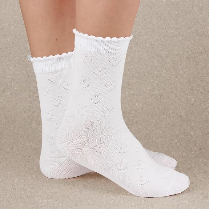 COTTON DAY Girls White Dressy Textured Short Socks Scallop Top Design 5 Pack