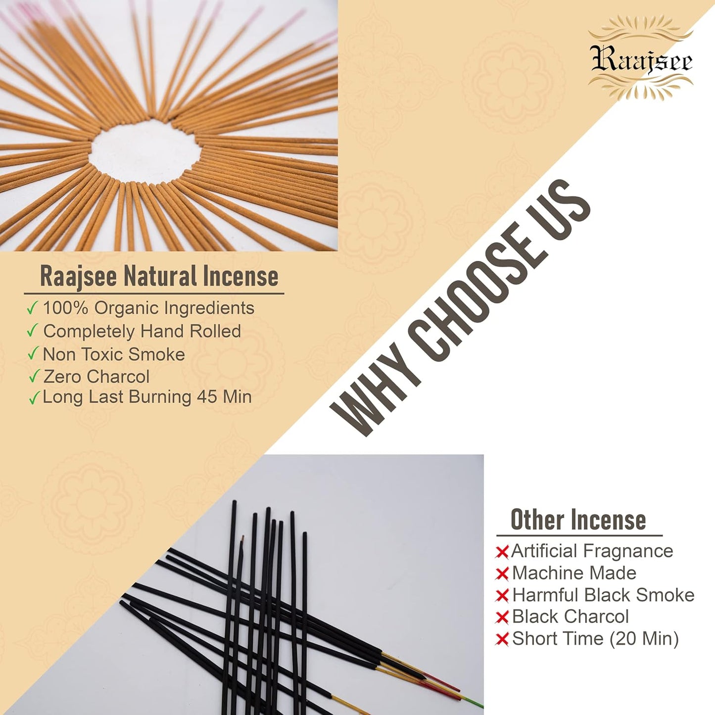 Raajsee Incense Sticks Multipack 15 Sticks x 5 Pack -100% Pure Organic Natural Assorted insense Stick - Hand Rolled Free from Chemicals -Perfect for Church Aromatherapy, Sandalwood,White sage, Rose