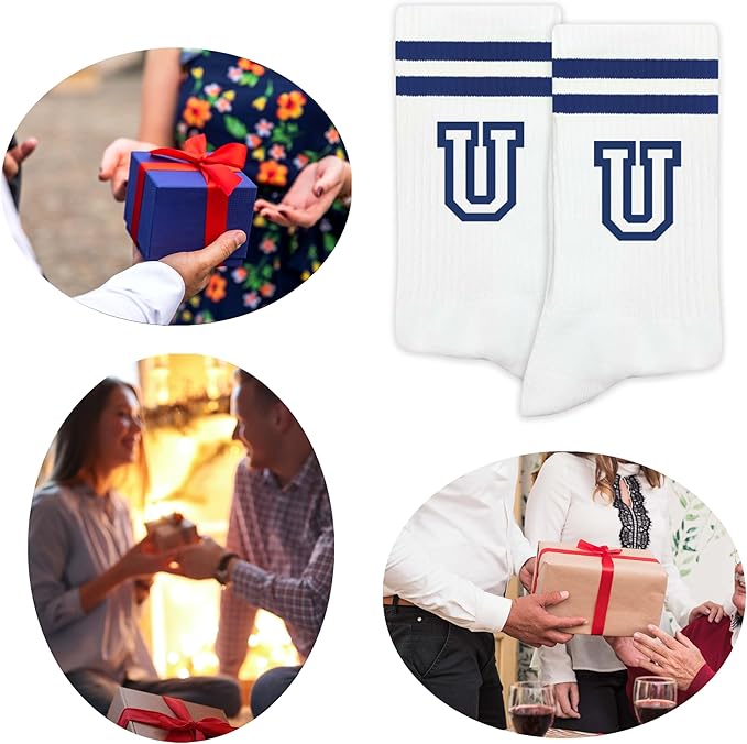 Striped Initial Socks with the Letter in Navy Blue, Socks for Adult, Teens, Men&Women Socks, Gifts for Friends, Family, etc.