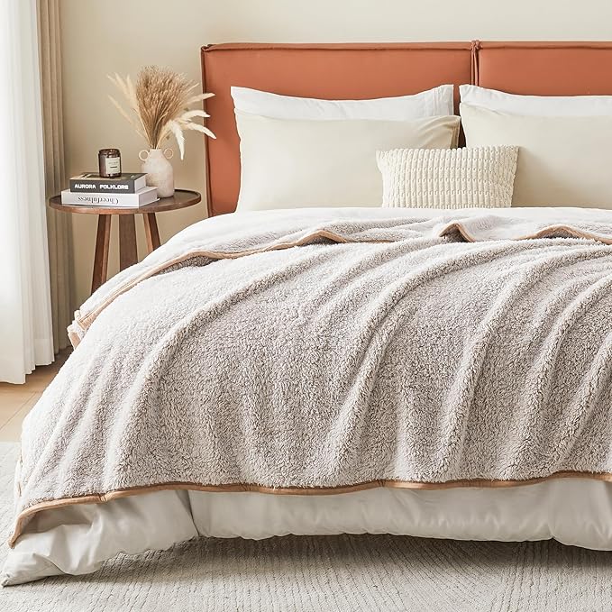 EMME Soft Sherpa Fleece Blanket Reversible Plush Fluffy Large Blanket, Light Weight Warm Decorative Boho Blanket Cover for Sofa, Couch, Bedroom,Travel(Plush Khaki,50"x60")