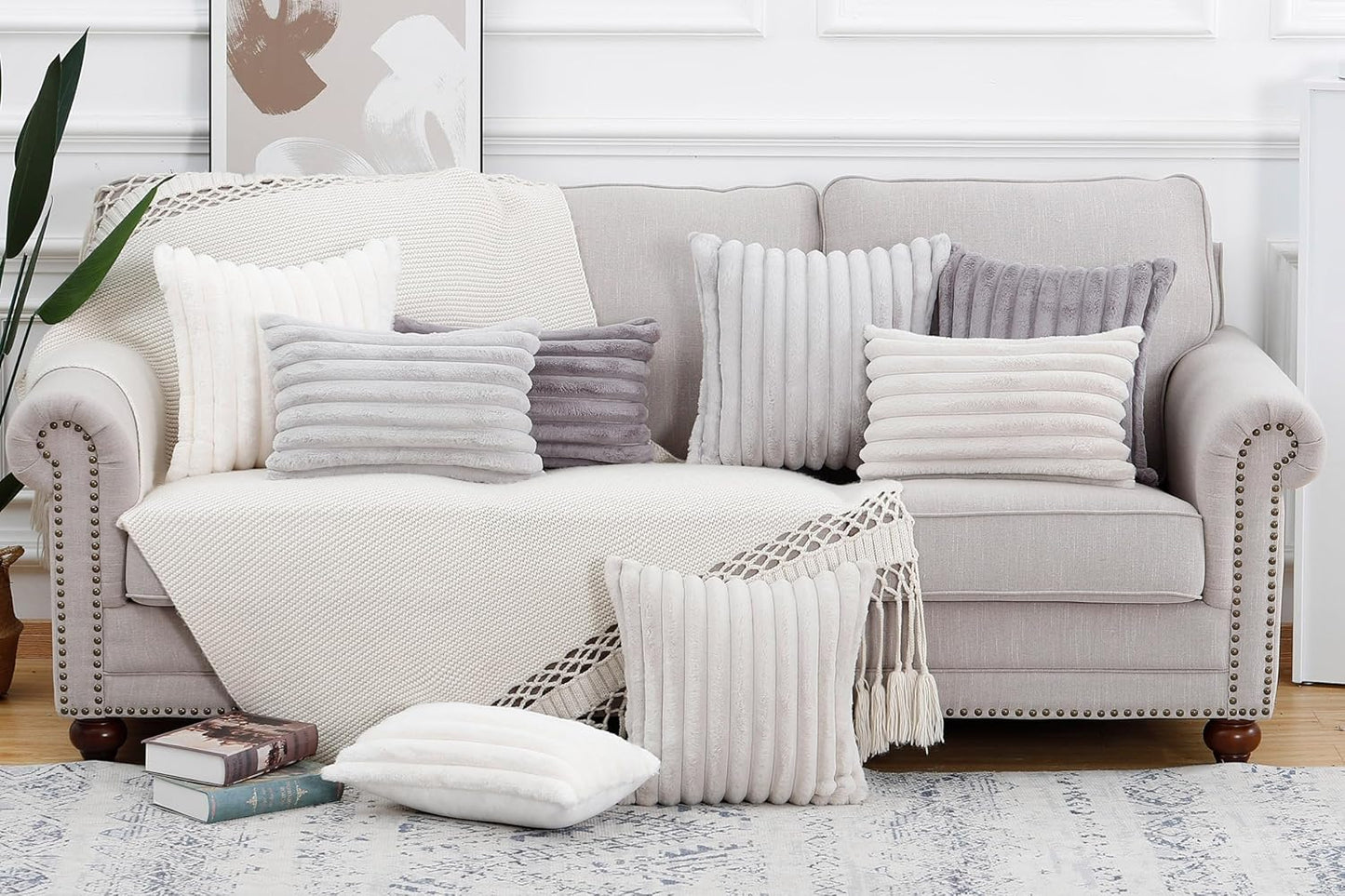 MADIZZ Set of 2 Faux Wool Plush Decorative Throw Pillow Covers 24x24 Inch Light Grey Fluffy Striped Soft Decorative Cushion Cover for Sofa Bedroom Pillow Shell