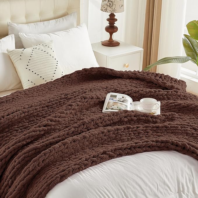 Carriediosa Chunky Knit Throw Blanket 50" X 60", 100% Hand Made Large Chenille Loop Yarn Soft Fluffy Throws for Couch Sofa Bed, Big Crochet Cozy Heavy Thick Cable Woven Blanket, Cocoa Brown