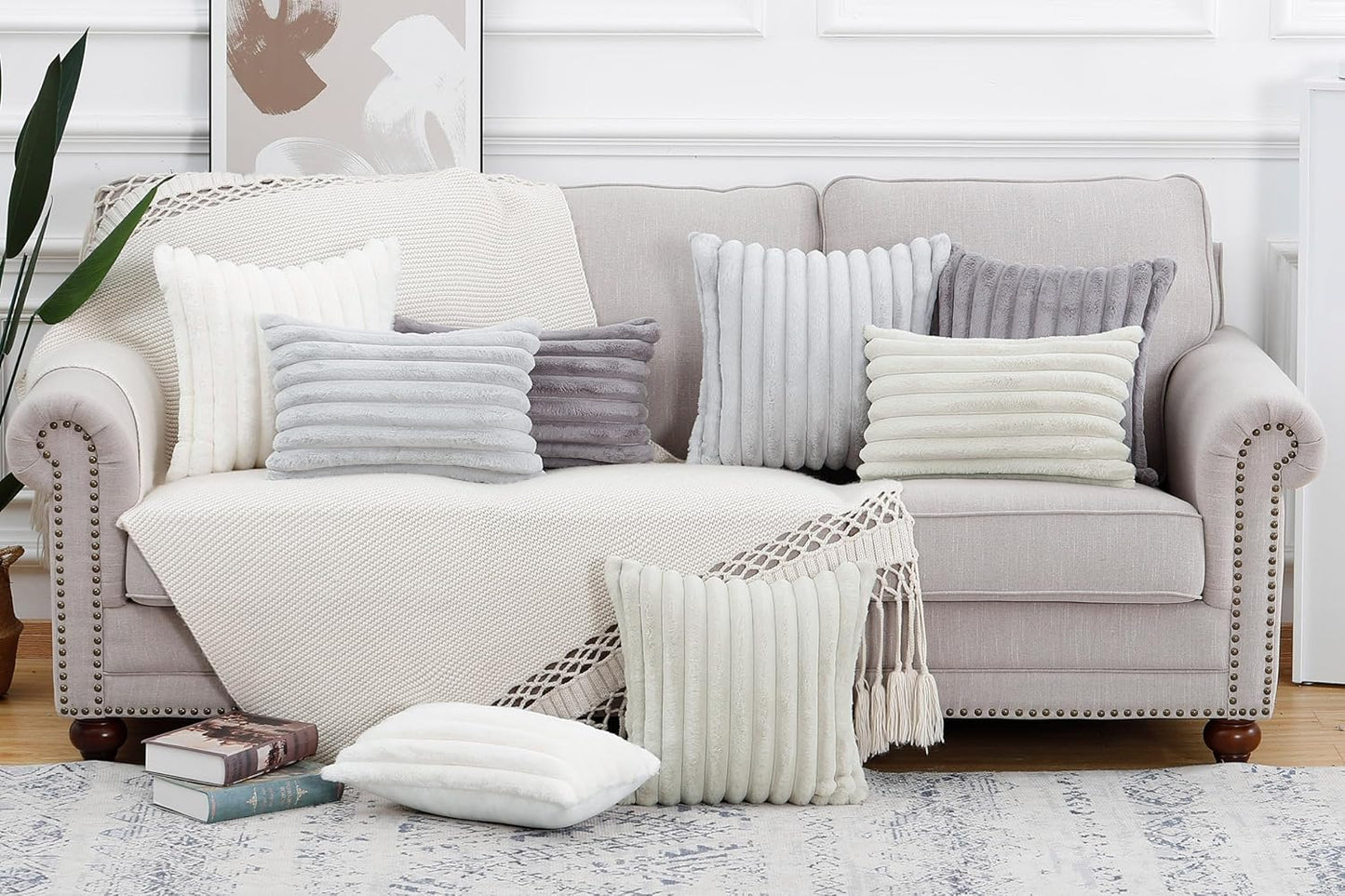 MADIZZ Set of 2 Faux Wool Plush Decorative Throw Pillow Covers 26x26 Inch Grey Fluffy Striped Soft Decorative Cushion Cover for Sofa Bedroom Pillow Shell