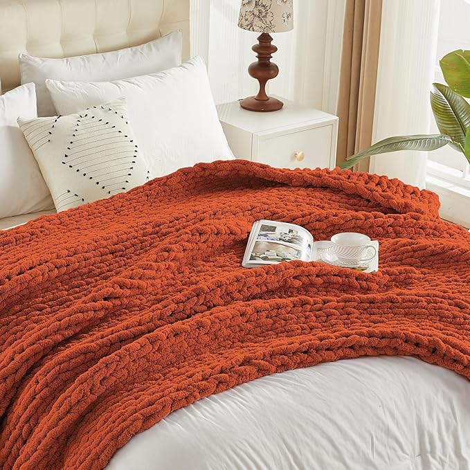 Carriediosa Chunky Knit Throw Blanket 50" X 60", 100% Hand Made Large Chenille Loop Yarn Soft Fluffy Throws for Couch Sofa Bed, Big Crochet Cozy Heavy Thick Cable Woven Blankets, Rust