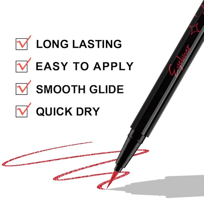 evpct 1Pcs Red Glitter Shimmer Liquid Eyeliner Eye Makeup Pencil Pen, Pearl Red Chrome Eyes Liner Face Glitter Makeup Fake Eyelashes Mascara Accessories, Sparkle Metallic Eyeliner Pen Waterproof