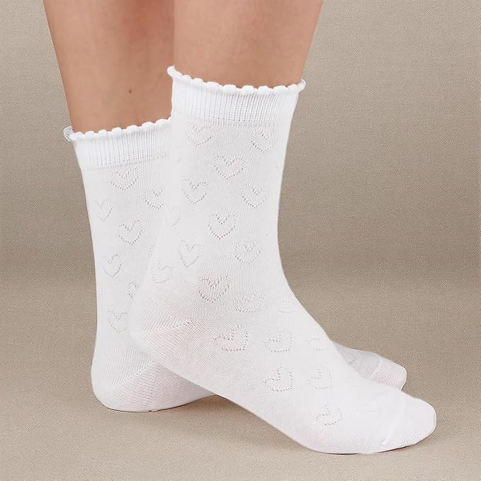 COTTON DAY Girls White Dressy Textured Short Socks Scallop Top Design 5 Pack