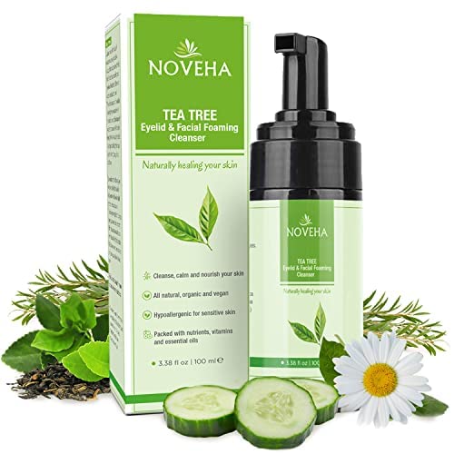 NOVEHA Tea Tree Oil Foaming Gentle Cleanser | Therapeutic Daily Skincare For Eyelash & lids, Eye Irritations, Stye Eyes, Skin Dryness, Moisturize with Organic Ingredients, All Types, 3.38 Ounce