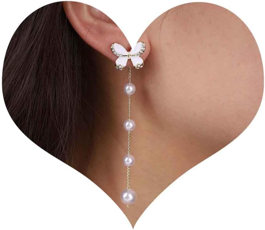 Vintage Crystal Butterfly Pearl Earrings Long pearl Drop Earrings Gold Pearl Tassel Chain Earrings Sparkly Cz Butterfly Stud Earrings Jewelry for Women