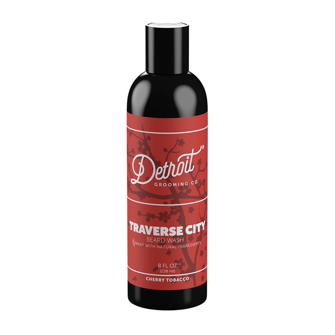 Detroit Grooming Co. Beard Wash - Men's Beard Shampoo - Deeply Cleanses & Refreshes Beards - Aloe Vera with Essential Oils - Beard & Mustache Cleanser - Cherry Tobacco Scent - Traverse City - 8oz