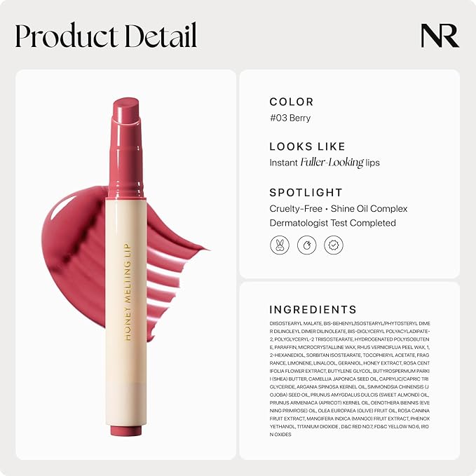 Nature Republic HONEY MELTING LIP (03 BERRY) SOFT LIP STICK, Hydrating Gloss, Moisturizing balms, Sheer tint, Shine & Glowy Finish, korean make up, Stocking Stuffers
