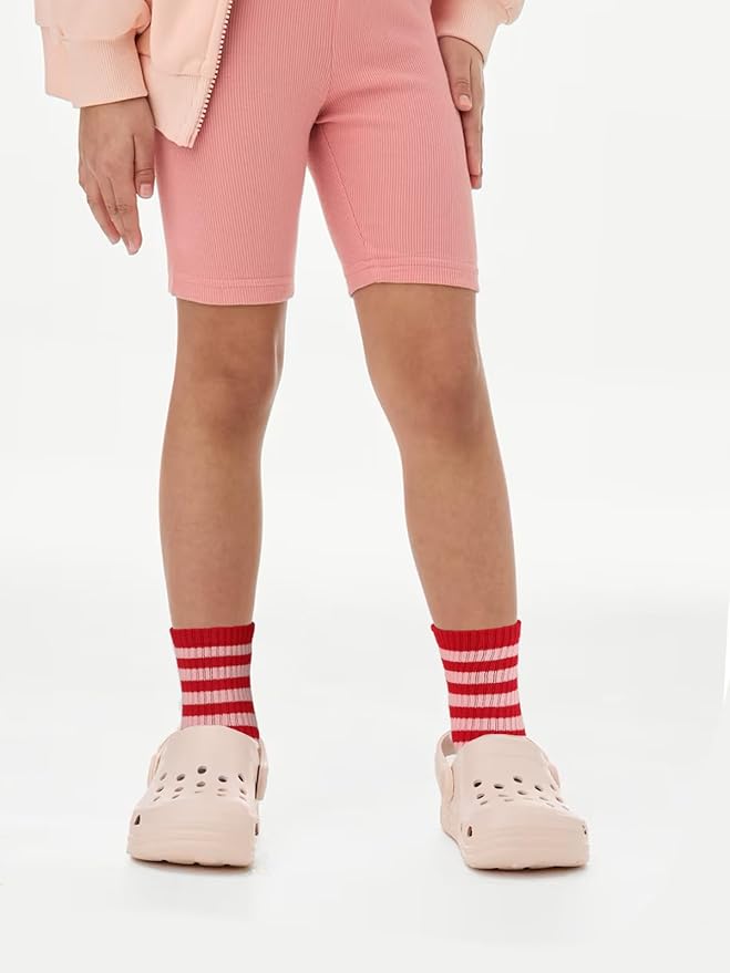COTTON DAY Kids Girls Pink White Crew Athletic Socks with Retro Stripes Hearts