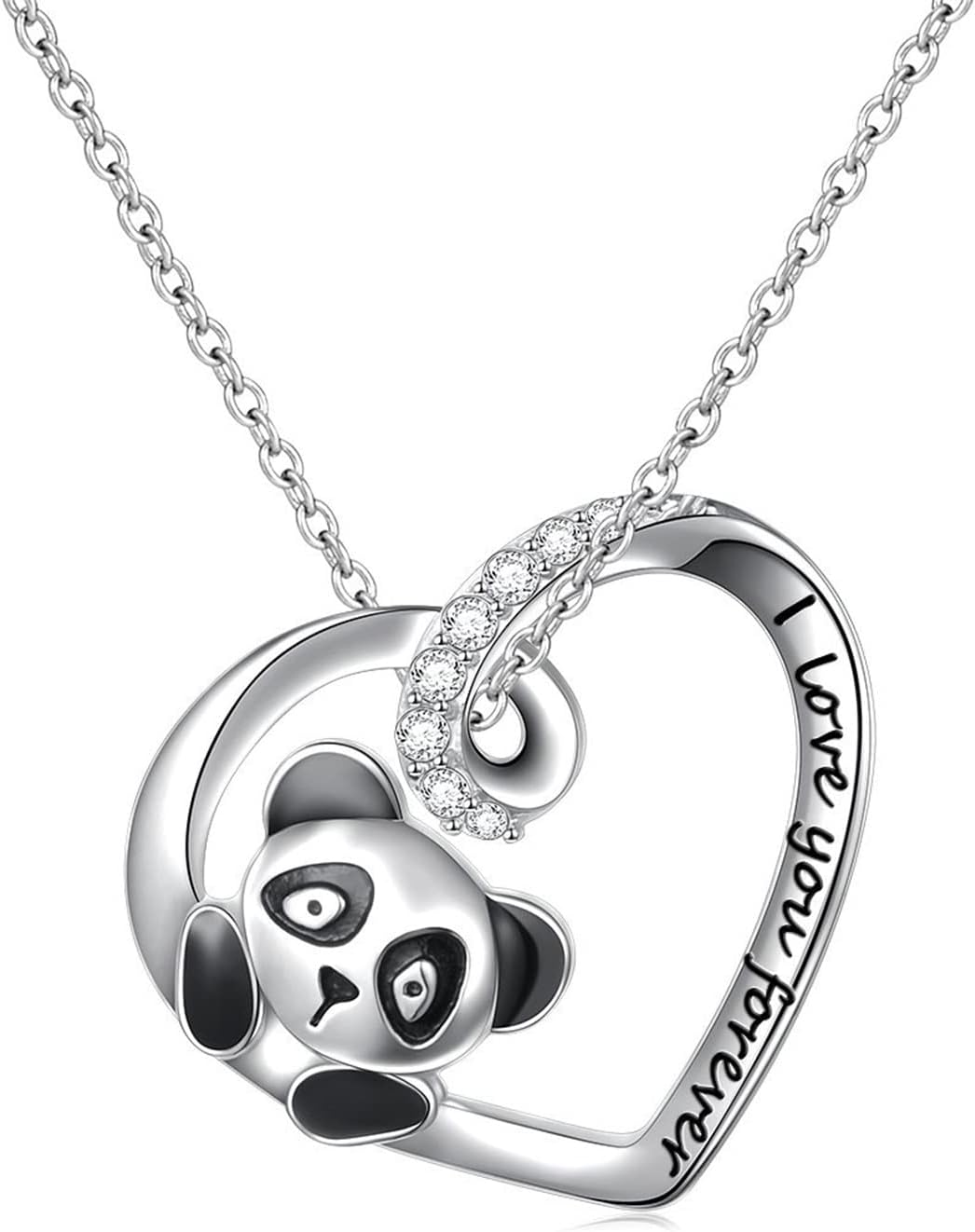 Silver Crystal Panda Necklace Choker Vintage Heart Panda Pendant Cute Animal Necklace Charm Jewelry I Love You Forever Birthday Gifts for Kids Women and Girls