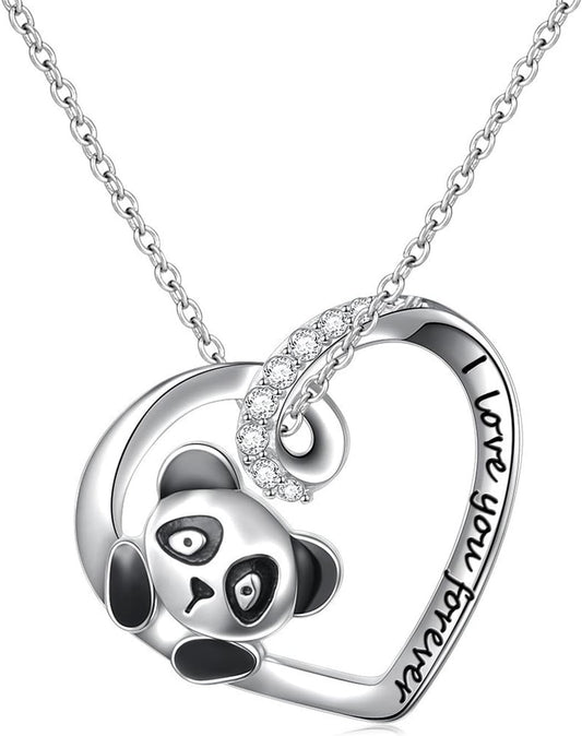 Silver Crystal Panda Necklace Choker Vintage Heart Panda Pendant Cute Animal Necklace Charm Jewelry I Love You Forever Birthday Gifts for Kids Women and Girls