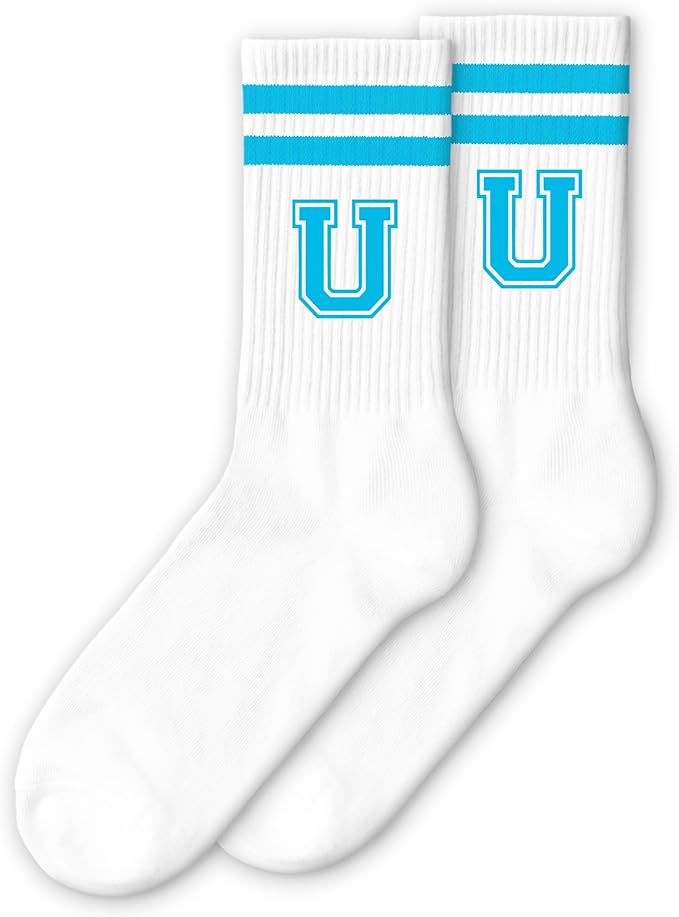 Sky Blue Initial Stripes Socks,Letter Socks Gifts for Birthday,Christmas,Back-to-school Season,etc.
