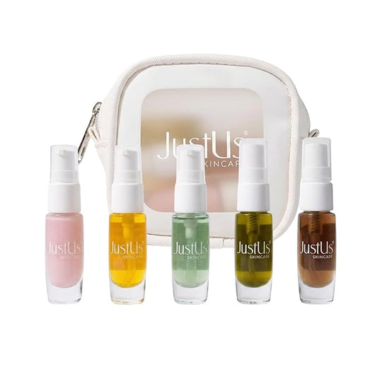 JustUs Skincare Mini Kit – 5 Piece Anti-Aging Travel Set for Hydration, Firmness, Brightening + Glow — Includes Free Travel Case | $115 Value