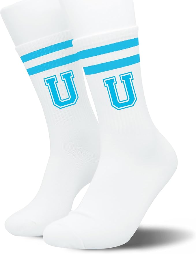 Sky Blue Initial Stripes Socks,Letter Socks Gifts for Birthday,Christmas,Back-to-school Season,etc.