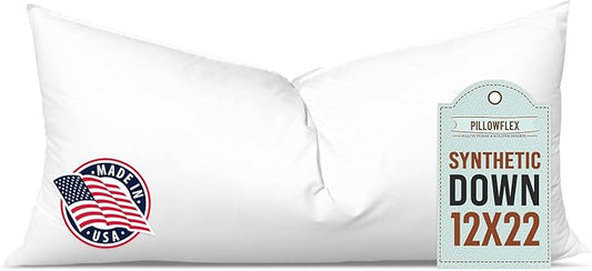 Pillowflex Synthetic Down Pillow Insert - 12x22 Down Alternative Pillow, Ultra Soft, Small Rectangle, Lumbar, Travel, Neck, Sleeping Pillow - 1 Decorative Pillow Form