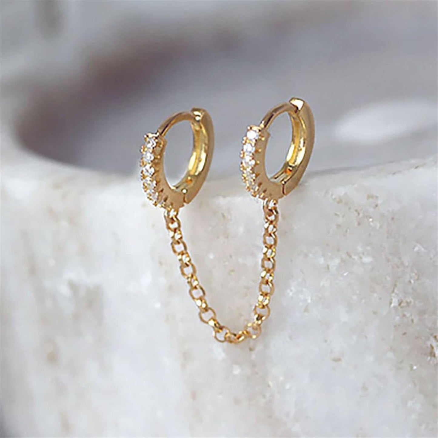 Boho Double Chain Hoop Earrings Gold Cz Hoop Chain Earrings Punk Dangle Chain Earrings Rhinestone Huggies Studs Earrings Jewelry for Women and Girls Gifts