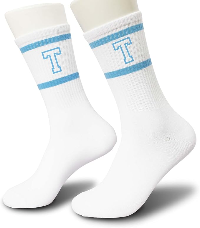 Light Blue and White Striped Crew Socks with the Letter， Classic Varsity Sports Style Monogram Socks