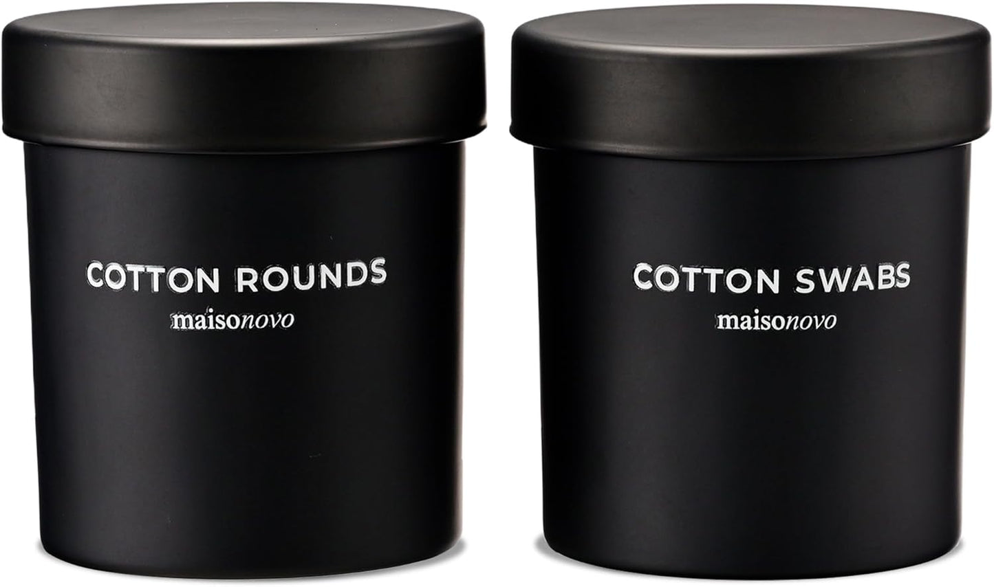 MaisoNovo Qtip Holder Bathroom Set – Airtight Glass Qtip Holder with Lid to Store Q Tips, Cotton Rounds, Cotton Balls, Floss Picks, Hair Ties with free labels pack - 2 Black Jars with Glass Lids