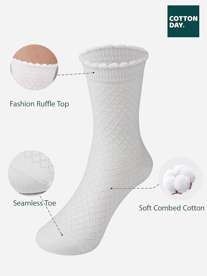 COTTON DAY Girls White Dressy Textured Short Socks Scallop Top Design 5 Pack