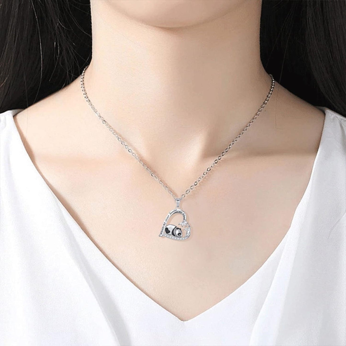 Silver Crystal Panda Necklace Choker Vintage Heart Panda Pendant Cute Animal Necklace Charm Jewelry I Love You Forever Birthday Gifts for Kids Women and Girls