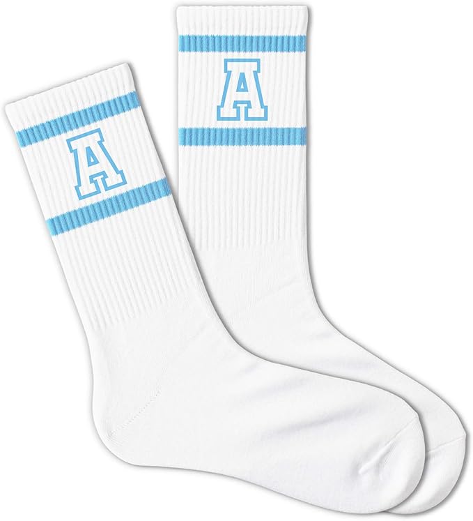 Light Blue and White Striped Crew Socks with the Letter， Classic Varsity Sports Style Monogram Socks