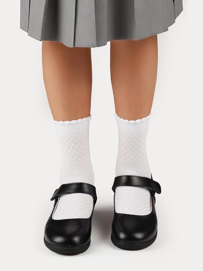 COTTON DAY Girls White Dressy Textured Short Socks Scallop Top Design 5 Pack