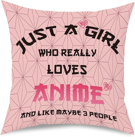 Anime Decor, Just a Girl Who Loves Anime Anime Room Decorative Throw Pillow Covers, Girls Anime Gifts Anime Lovers for Home Living Room Girl Women Bedroom Decoration Gifts Pink