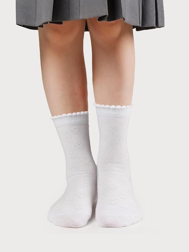 COTTON DAY Girls White Dressy Textured Short Socks Scallop Top Design 5 Pack