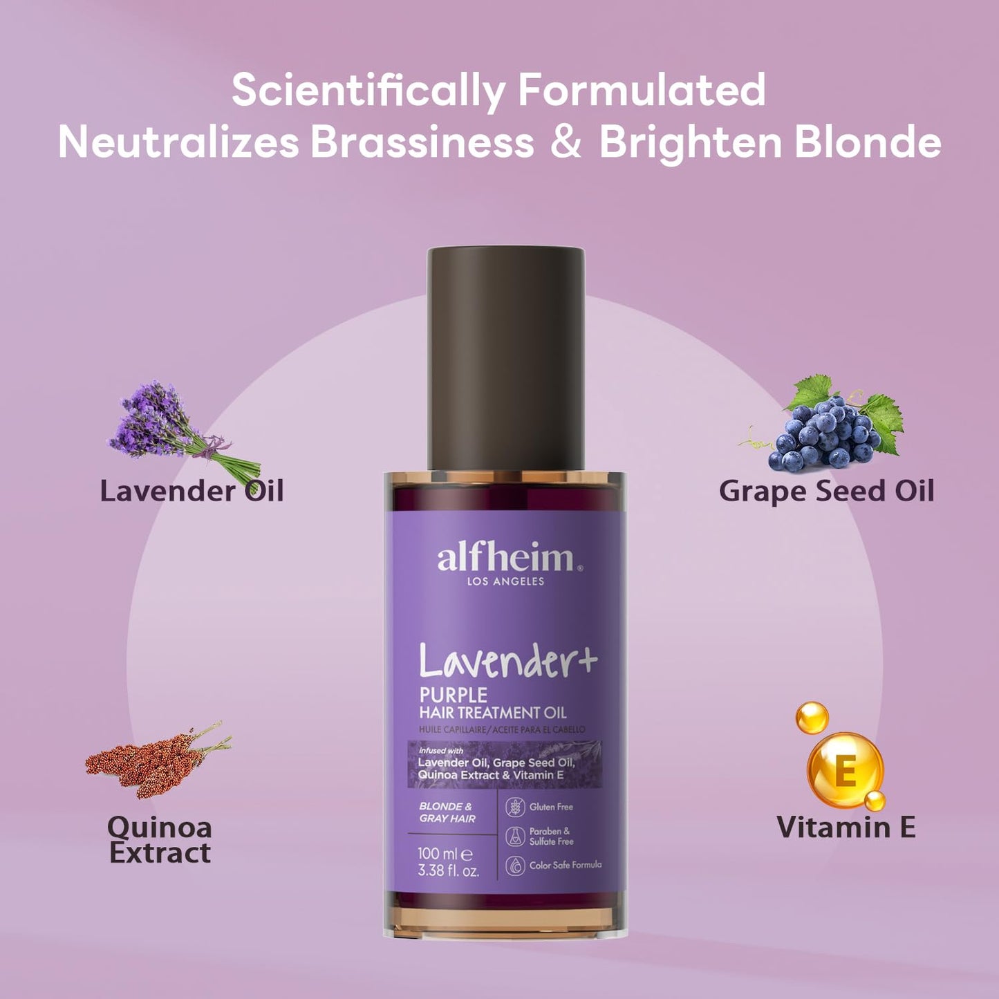 ALFHEIM Lavender+ Purple Hair Treatment Oil | Anti-Brass Toning & Shine Boosting Hair Oil for Blonde, Silver & Gray Hair | Heat Protection & UV Defense | Sulfate-Free, Paraben-Free | 3.38 fl.oz
