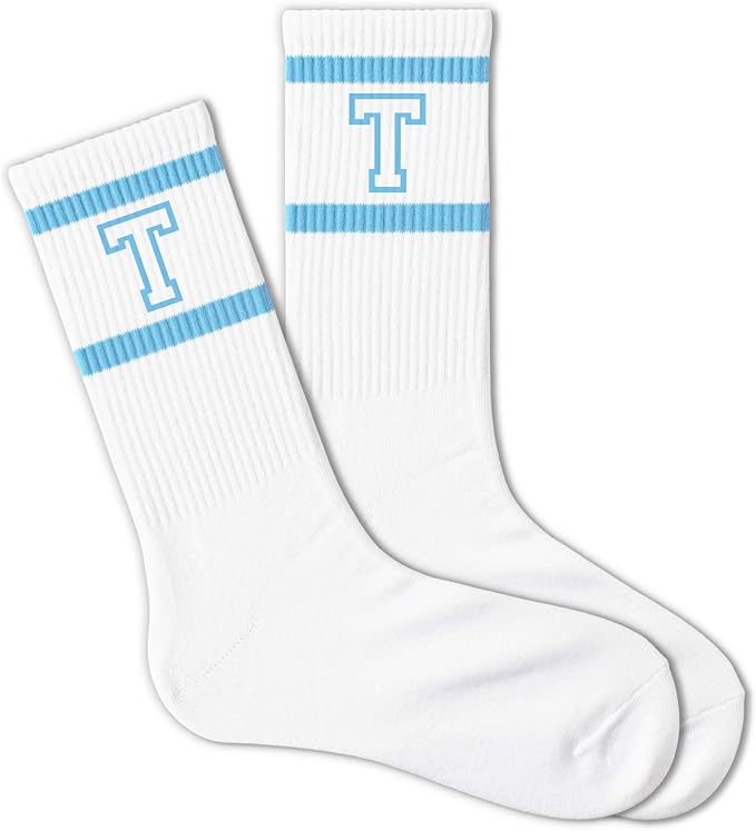 Light Blue and White Striped Crew Socks with the Letter， Classic Varsity Sports Style Monogram Socks