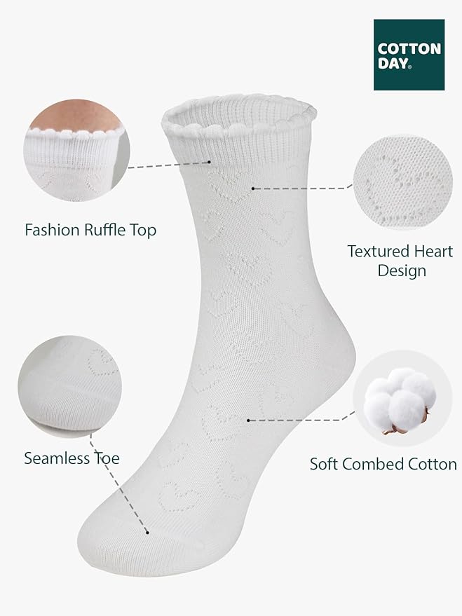 COTTON DAY Girls White Dressy Textured Short Socks Scallop Top Design 5 Pack