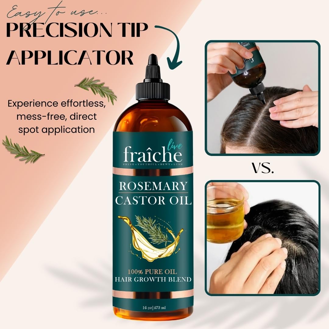 Live Fraiche Rosemary Castor Oil for Hair Growth 16oz - Rosemary Oil for Hair Growth and Thickening Pure Blend to Reduce Loss and Promote a Healthy Scalp