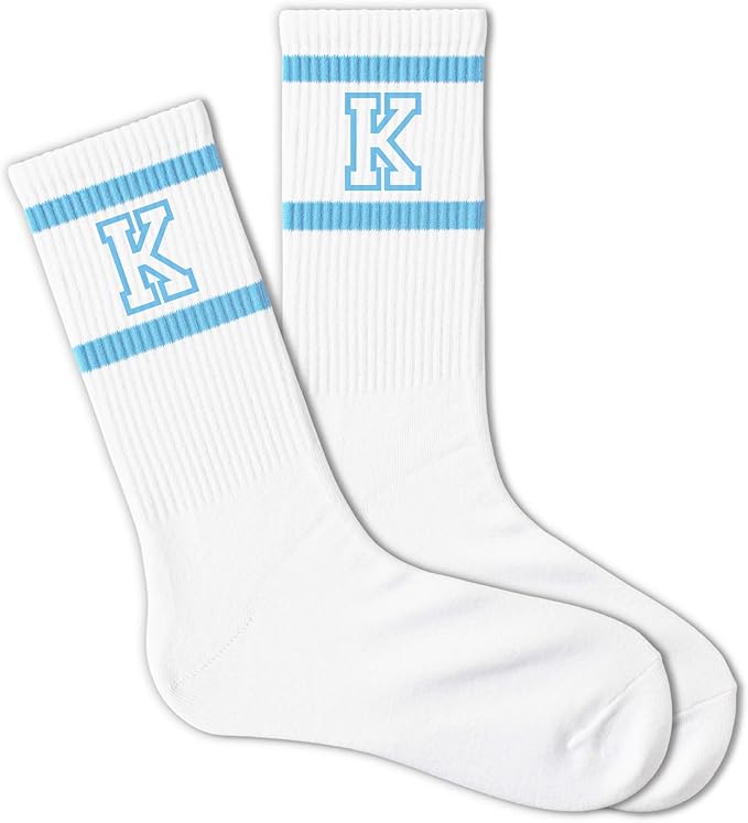 Light Blue and White Striped Crew Socks with the Letter， Classic Varsity Sports Style Monogram Socks