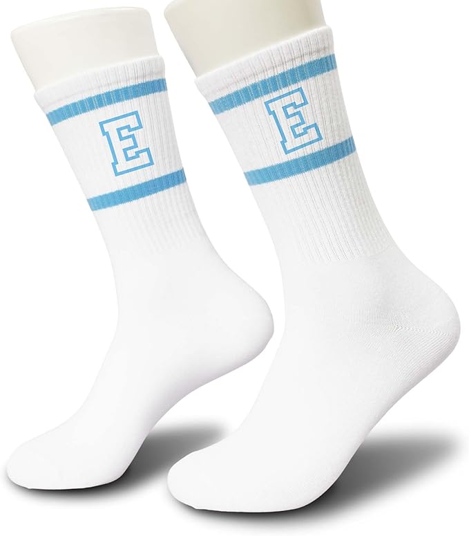 Light Blue and White Striped Crew Socks with the Letter， Classic Varsity Sports Style Monogram Socks